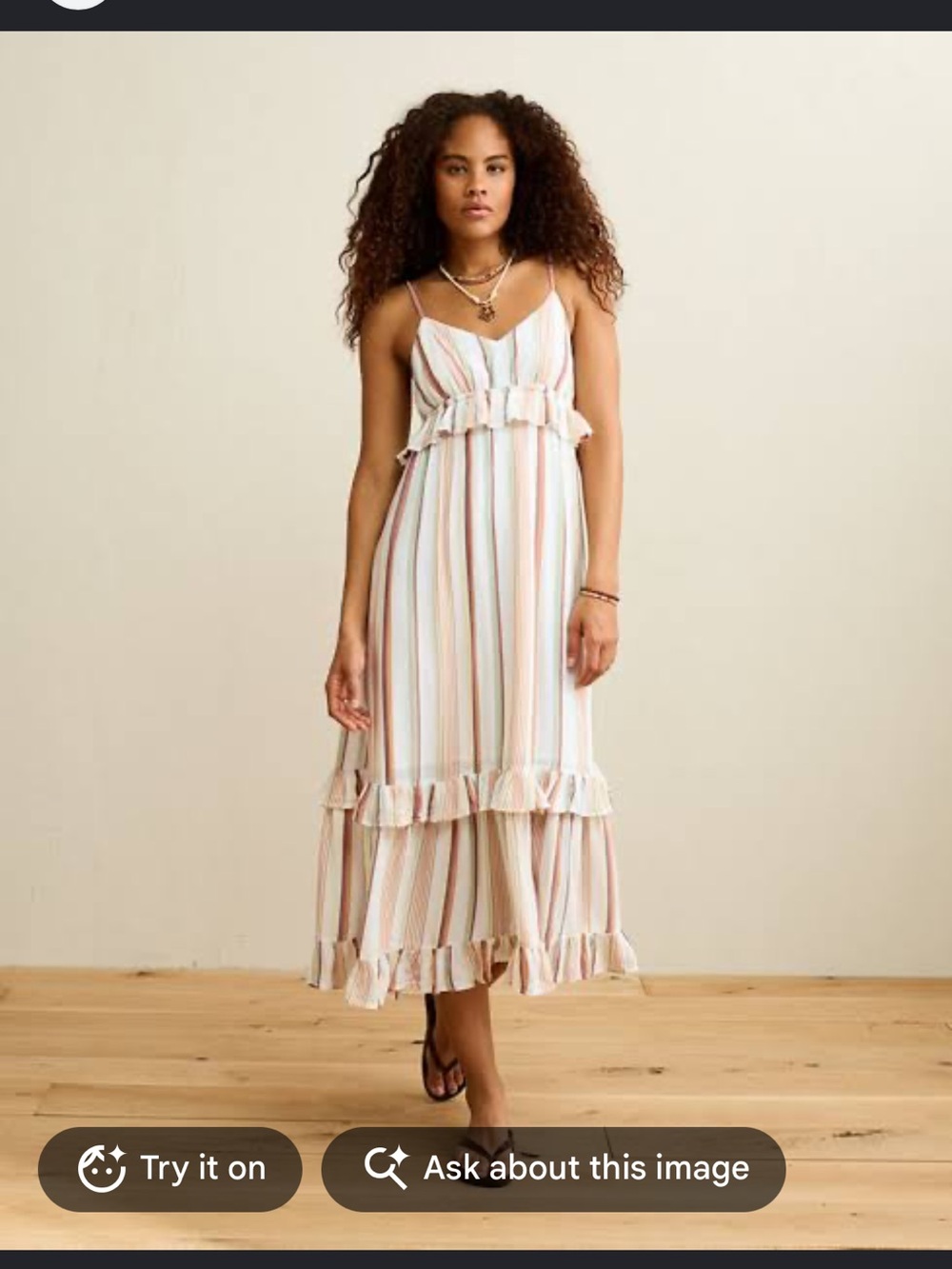 American Eagle Outfitters Striped Ruffle Midi Dress - Cream with Pastel Stripes